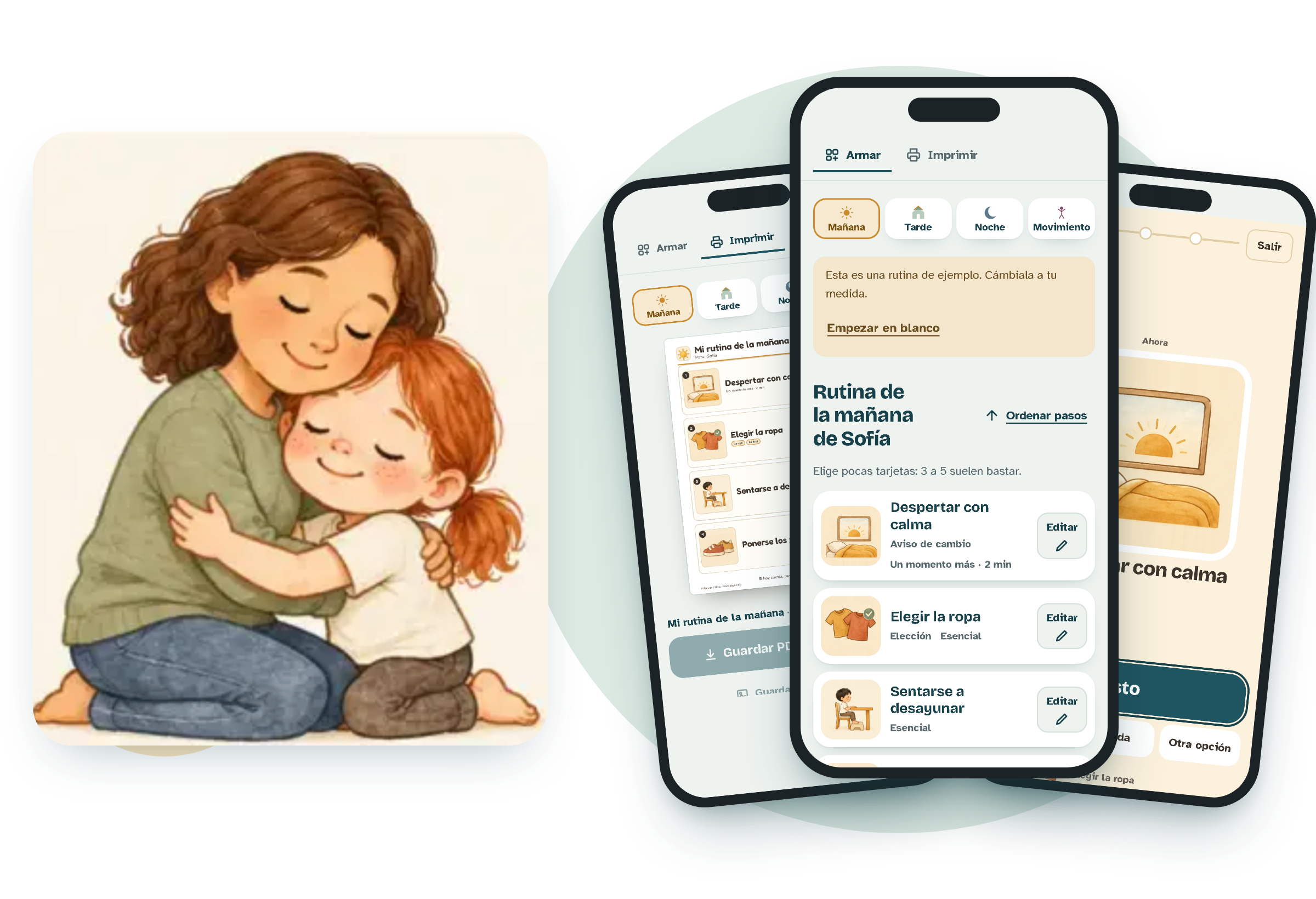 Teléfonos con pantallas de la app Mi rutina en calma junto a una ilustración de una mamá abrazando a su hija
